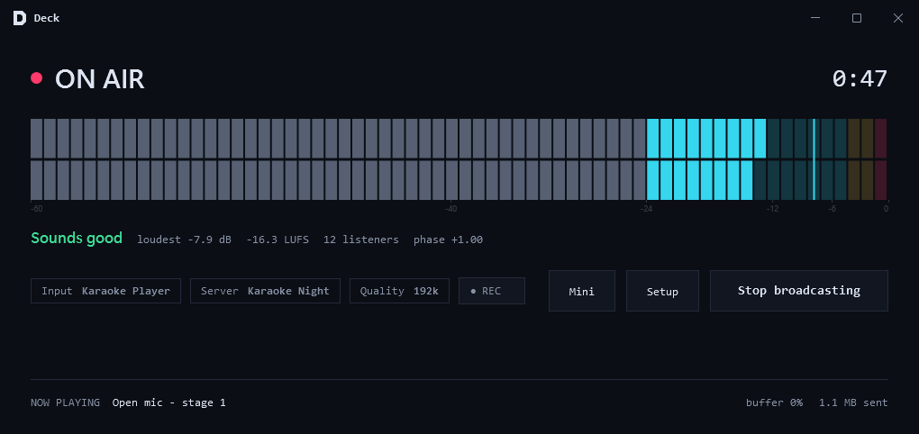 The deck on air in the Arcade palette, dark